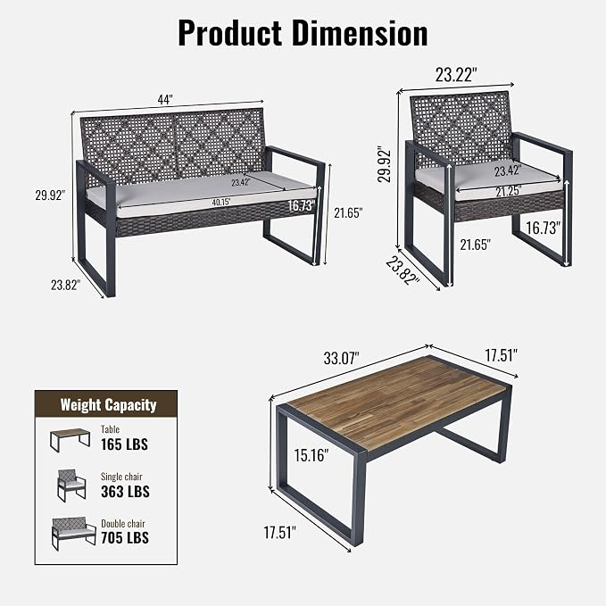 4 Pieces Patio Furniture Set Outdoor Furniture Set with Table, Wicker Patio Conversation Sets with Soft Cushion with 1 Spacious Souble Chair and 2 Single Chairs for Home, Garden, Lawn (Brown)