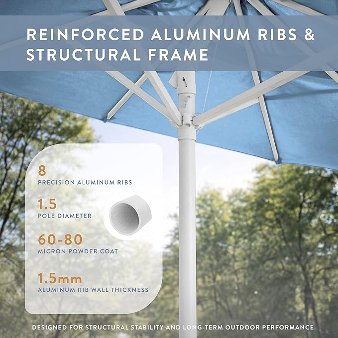 California Umbrella 12-Year Protection 9-Ft Outdoor Patio Umbrella, Sunbrella Fade-Resistant Fabric, Auto-Tilt, Heavy Duty Aluminum Frame, 8 Reinforced Ribs for Pool or Deck, White Pole, Air Blue