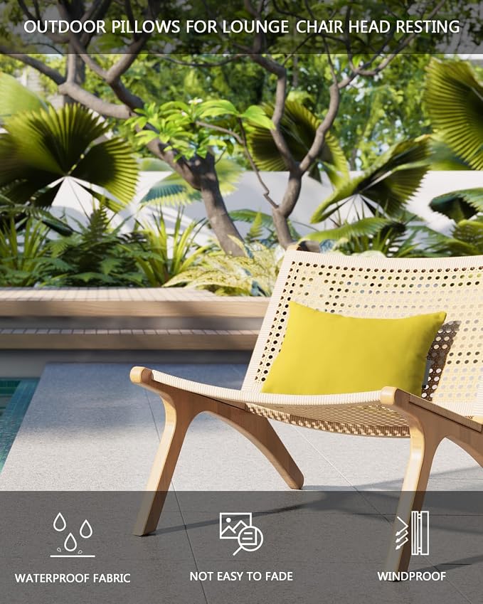 Outdoor Pillows Covers with Inserts Pure Yellow Solid Color Waterproof Recliner Pillow with Adjustable Strap Throw Pillows for Patio Furniture Pool Lounge Chair, 11x16 inch, 1PCS