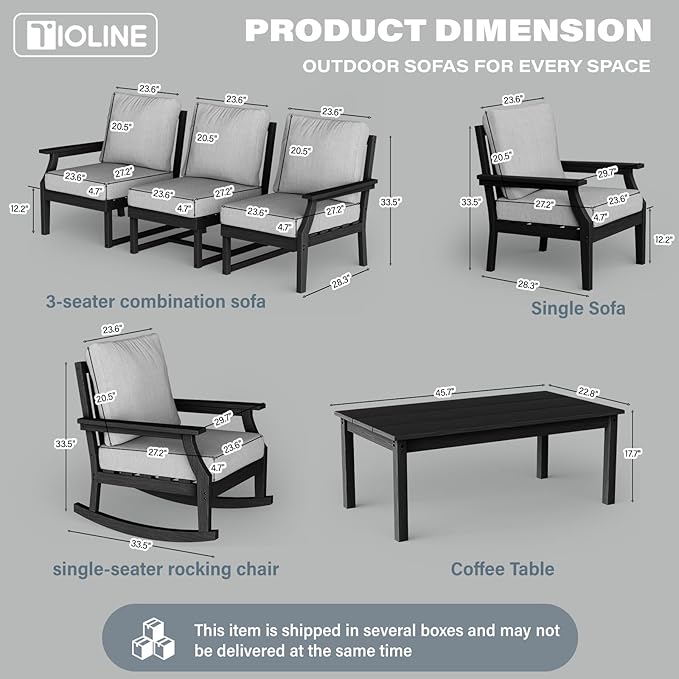 HDPE Patio Conversation Set, 6-Piece All Weather Outdoor Furniture Set with 1 Single Rocking Armchairs for Deck, Lawn, with Cushion, Black