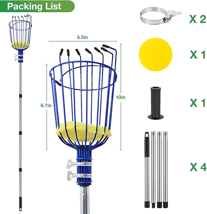 RAIN SPIRIT Fruit Picker Pole tool with Basket, 6FT Telescoping extension fruit picking rod for Apples Mango Orange Pear Tree Picker, nut picking with Adjustable stainless steel rod