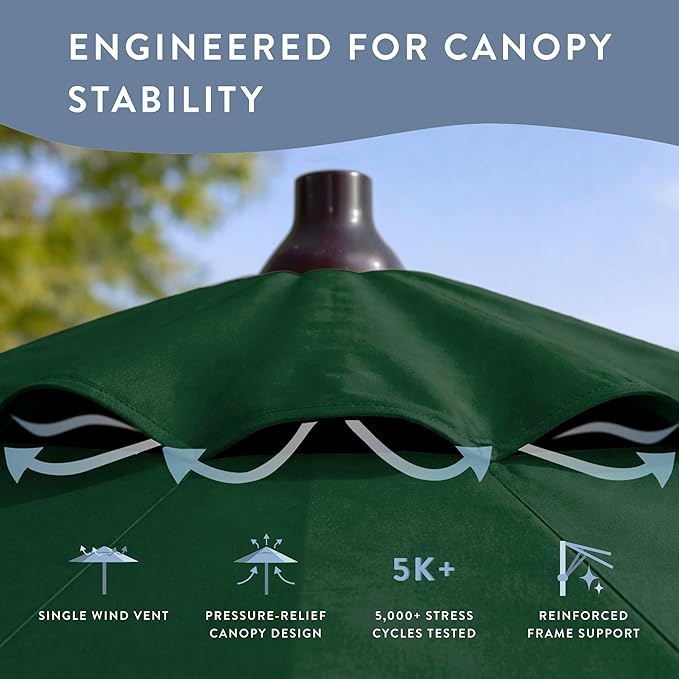 California Umbrella 8-Year Protection 9 Ft Outdoor Patio Umbrella, Solstice Fade-Resistant Fabric, Auto-Tilt, Heavy Duty Aluminum Frame, 8 Reinforced Ribs for Pool or Deck, Bronze Pole, Hunter Green