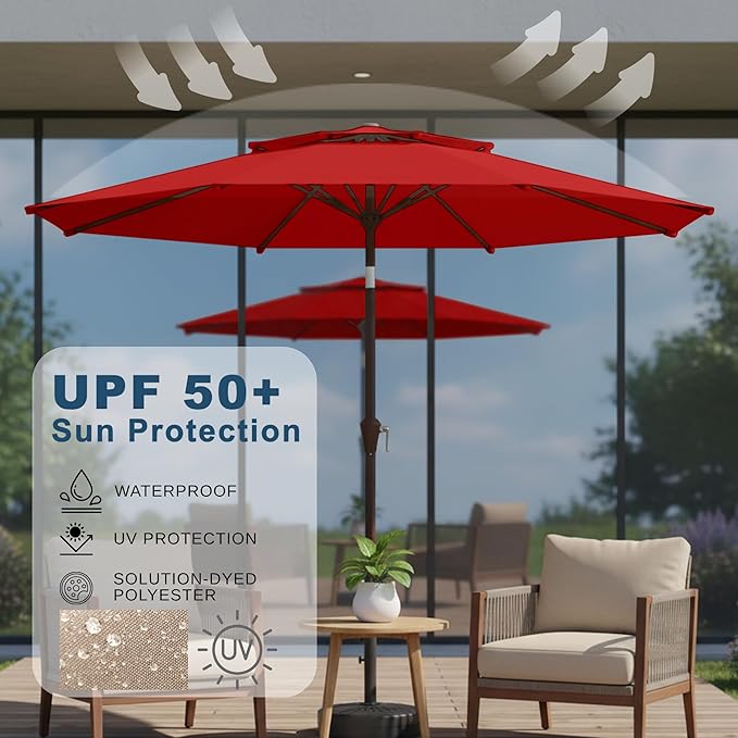 9ft 2-Tiers Patio Umbrella,Outdoor Market Table Umbrella with Push-Button Tilt & Crank | UV Protection,Suit for Backyard,Garden,Pool,Deck(Red)