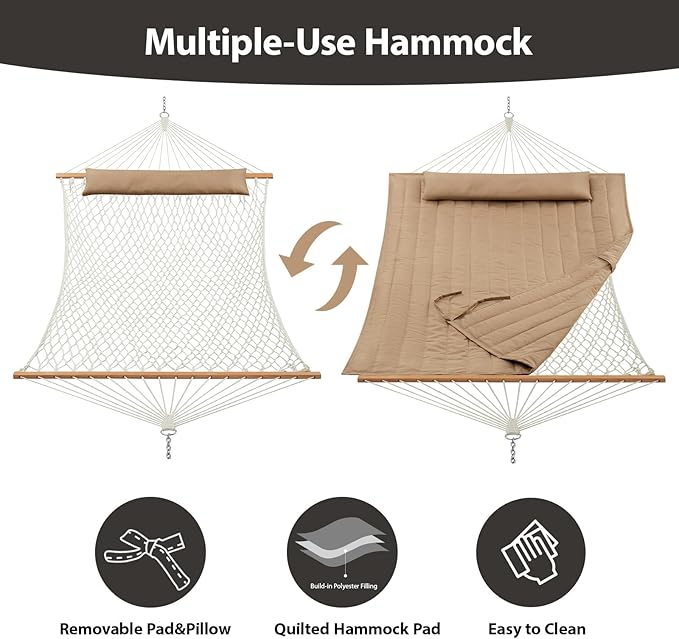 CHULIM Outdoor Double Hammock with Hardwood Spreader Bars, Large Rope Hammock with Polyester Pad and Pillow, 475 LBS Capacity for 2 Person Patio Backyard Poolside - Tan