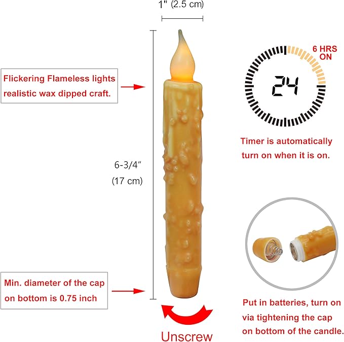 CVHOMEDECO. Real Wax Hand Dipped Battery Operated LED Timer Taper Candles Rustic Primitive Flameless Lights Decor, 6-3/4 Inch, Orange, 3 PCS in a Package