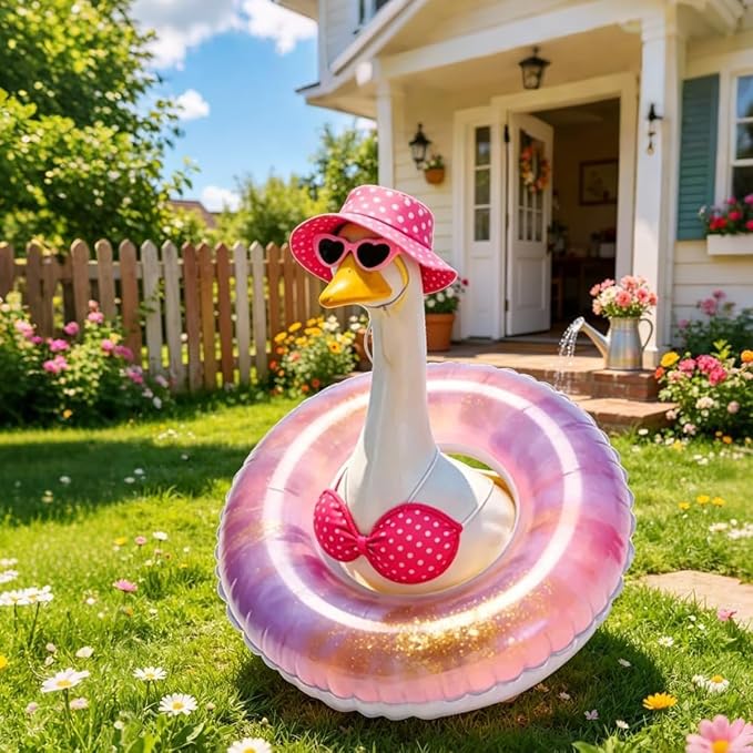 Bikini Porch Goose Outfits,Porch Goose Summer Outfits Swimsuit with Hat Sunglasses & Swim Ring,Fit 23'' Lawn Goose Statue for Summer Outdoor Garden Lawn Yard Decor (Swimsuit-Pink)