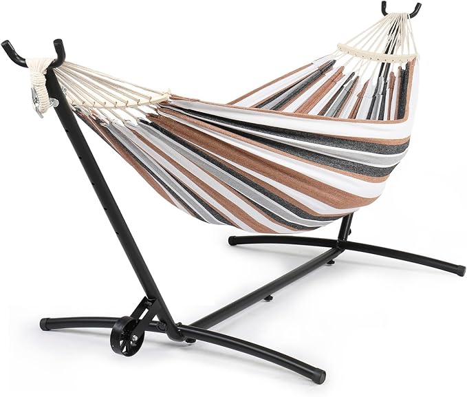 ONCLOUD 550 LB Capacity Double Hammock with Stand – Portable Bag Included (Desert Strip w/Wheel)