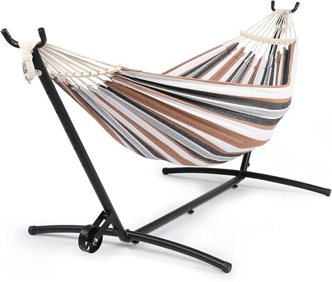 ONCLOUD Outside Hammock with Stand, Portable Hammock Set with Wheel for Camping, Backyard, Heavy Duty Hammock with Carry Bag&2 Wooden Combs, 440LBS, Coffee Brown