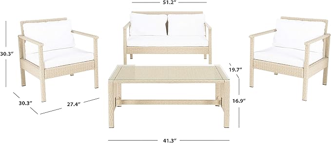 Safavieh Outdoor Collection Garnen Beige Wicker Cushion 4-Piece Living Set PAT7714B, Grey/White