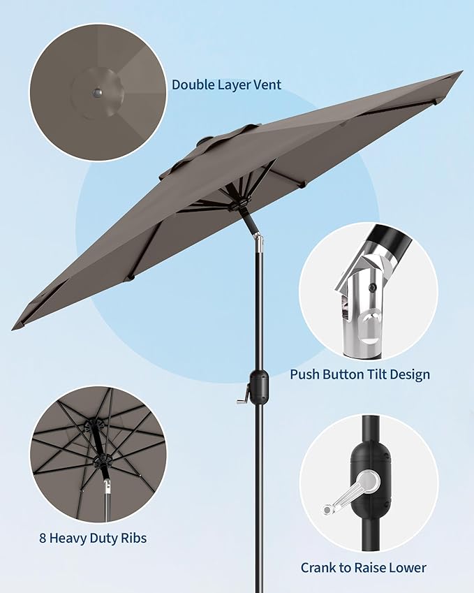 GarveeLife Outdoor Patio Umbrella, Table Market Umbrella with Push Button Tilt and Crank, 8 Sturdy Ribs UV Protection Waterproof for Garden, Deck, Backyard, Pool