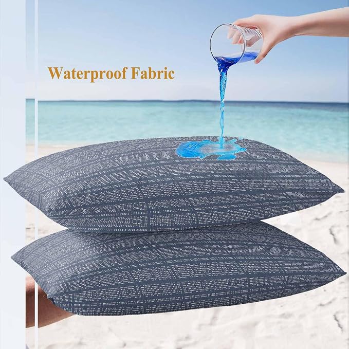 Outdoor Waterproof Throw Pillow Covers Set of 2 Stripes Grain Lumbar Pillowcases 20x12 Inches Navy Blue Solid Color Decorative Pillows Cushion Case Patio Pillows for Couch Bed Chair Garden