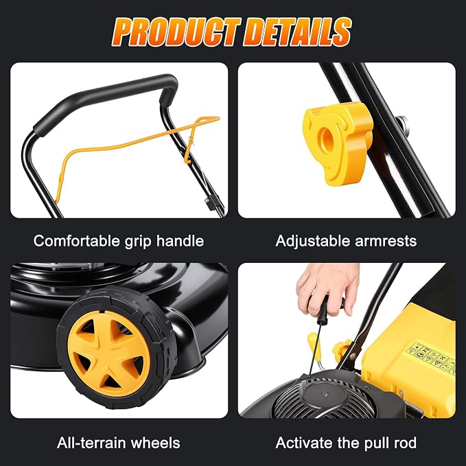 132cc Self Propelled Gas Lawn Mower, 16" Gas Powered Lawn Mowers with Powerful 4-Stroke Engine, 3-in-1 Gas Mower with 8-Position Height Adjustment,Foldable Push Mower for Yard, Yellow