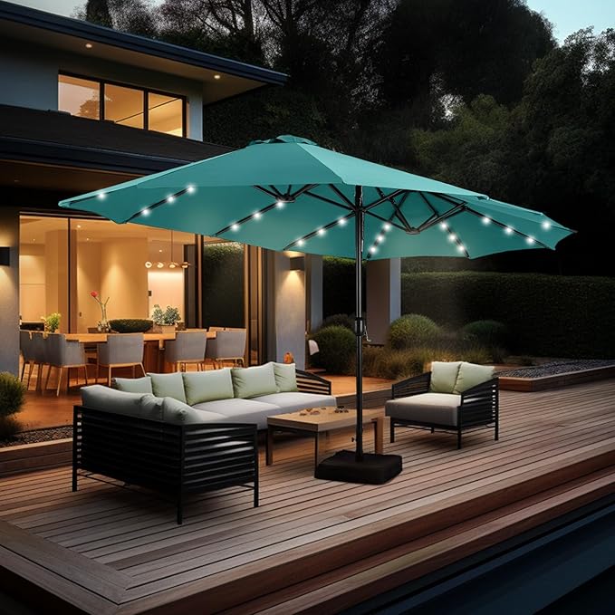 GREEN PARTY 15 ft Large Outdoor Patio Umbrella with Solar Led Lights & Base Included, Double-Sided Rectangular Table Umbrella with Stand, Market Umbrellas for Deck Poolside Garden Backyard, Turquoise
