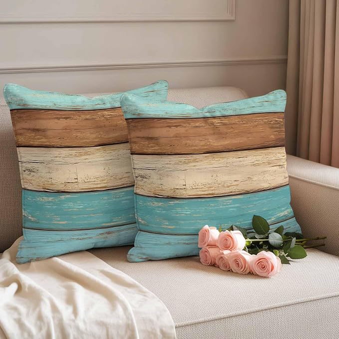 Farmhouse Aqua Brown Outdoor Waterproof Pillow Covers, Vintage Wooden Striped Decorative Square Throw Pillowcase Sofa Cushion Sham for Patio/Couch/Chair, 26"x26" 2 Pack