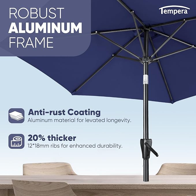 Tempera Patio Market Outdoor Table Umbrella with Push Button Tilt and Crank, Large Sun Umbrella with Sturdy Pole & Fade Resistant Canopy, Easy to Set