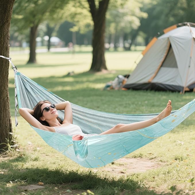 Qilmy Marble Camping Hammock Single – 330 lbs Capacity, Lightweight with Tree Straps & Carabiners, Portable for Hiking, Travel, Backpacking