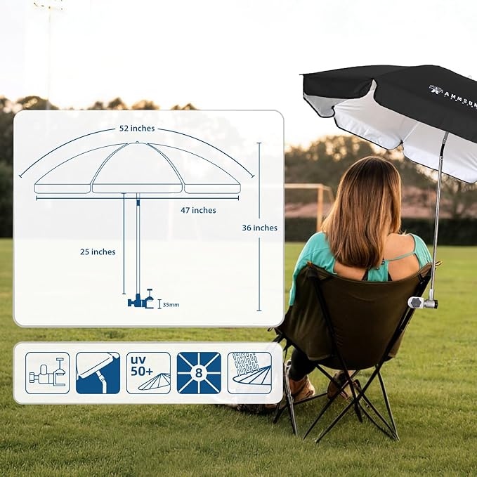 AMMSUN Chair Umbrella with Universal Clamp Adjustable 47 inches and 360° Swivel & UPF 50+ Protection Portable Sun Umbrella, Secure Clip on Camping/Beach Chairs, Stroller, Wheelchair, Golf cart, Lounger, Black, 2 PACK