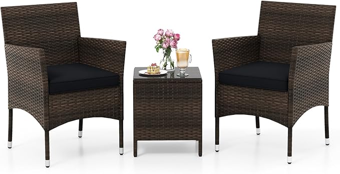 RELAX4LIFE 3-Piece Patio Furniture Set - Rattan Wicker Outdoor Conversation Set w/Cushions & Glass Coffee Table, Balcony Furniture for Porch Garden Backyard, Bistro Table and Chairs Set of 2 (Black)