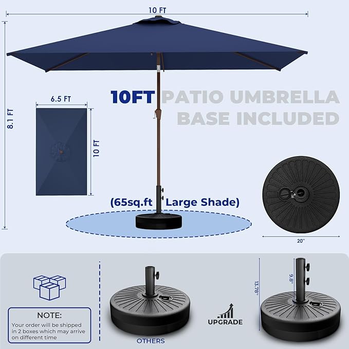 BRIOPAWS 6.5X10 FT Rectangular Patio Umbrella with Base Included | Rectangle Outdoor Umbrellas | 6 Sturdy Steel Ribs | Push Button Tilt & Crank | Heavy Duty for Garden Lawn Deck Backyard Pool |