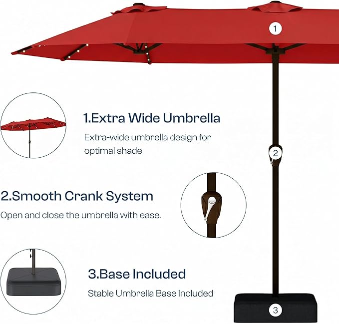 15FT Patio Umbrella with Solar Lights, Double-Sided Extra Large Outdoor Table Umbrella with Base Included, Heavy-Duty 12 Iron Ribs Market Umbrella for Garden, Pool, Backyard, Red