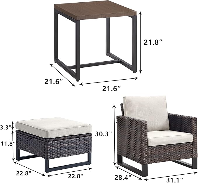 Rilyson Wicker Outdoor Patio Furniture Set - 5 Piece Patio Conversation Set with 2 Wicker Armrest Chairs,2 Rattan Ottoman and 1 Metal Side Table for Outside Porch Deck Backyard Garden(Brown/Beige)