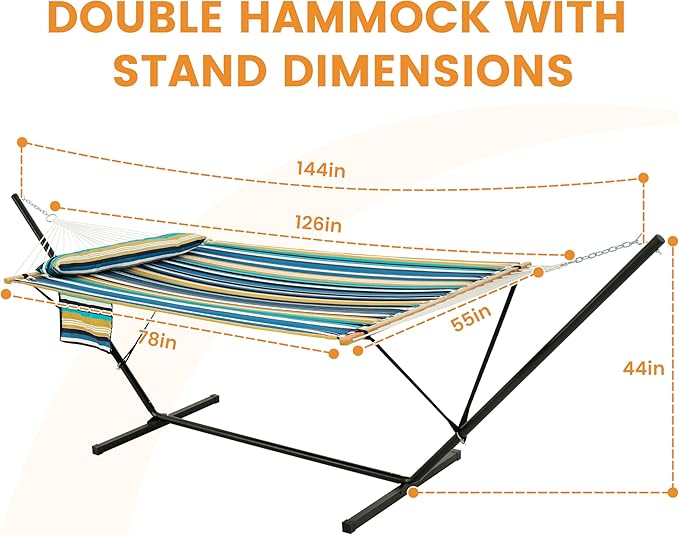 Lazy Daze Hammocks 2 Person Hammock with 12FT Stand for Outside, Quilted Double Hammock with Detachable Pillow, Balance Strap & Carrying Bag Included, 450lbs Capacity, Beach Stripes