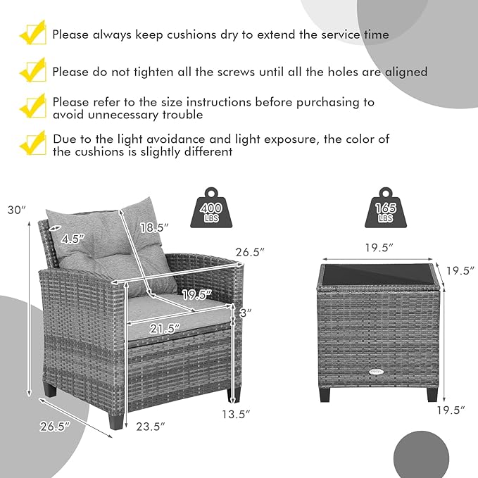 COSTWAY 3-Piece Patio Furniture Set, Outdoor Wicker Rattan Sofa with Cushions, Coffee Table with Tempered Glass, Conversation Sofa Set for Poolside Backyard Balcony (Grey)