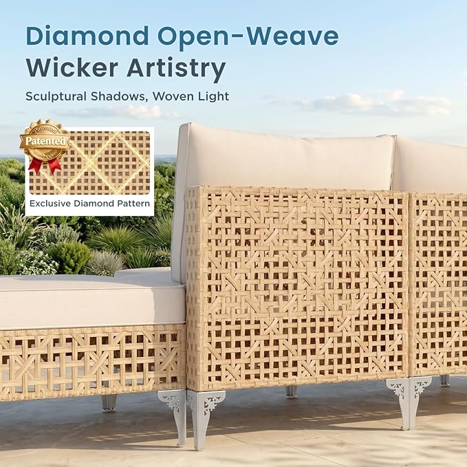 PHI VILLA Wicker Patio Furniture Set, Rattan Patio Sectional Sofa Sets, Boho Outdoor Modular Couch Sets with Ottomans for Backyard, Porch(7 Pieces, Beige Cushion)