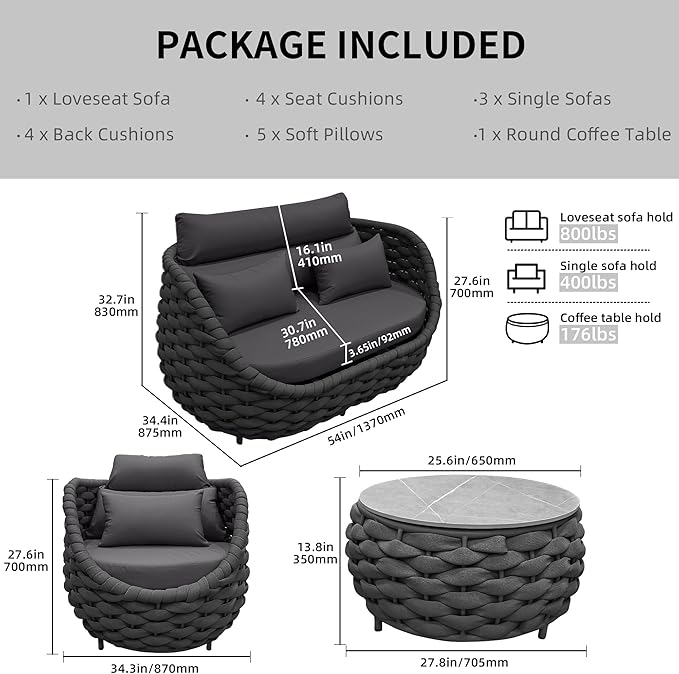 TWT 5 Pieces Patio Furniture Set, Outdoor Rope Conversation Sectional Patio Sofa with 5 Seater for Backyard, Porch, Modern Armchairs with Thickness Cushions and Side Table, Dark Grey