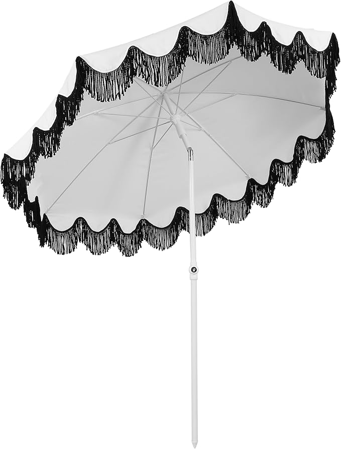 JONATHAN Y Mariner 6.5 ft. Beach Umbrella, White Solid with Fringe, Push-Button Tilt, UPF 50+ Sun Protection and Carrying Bag for Patio and Pool, White Pole UMB1005U