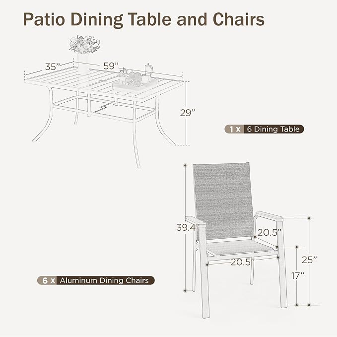 PHI VILLA 7 PCS Outdoor Dining Set, Patio Metal Furniture Set with 59"x35.4" Dining Table & 6 Stackable Aluminum Textilene Chairs, Patio Table and Chairs for Deck Garden Poolside, Beige