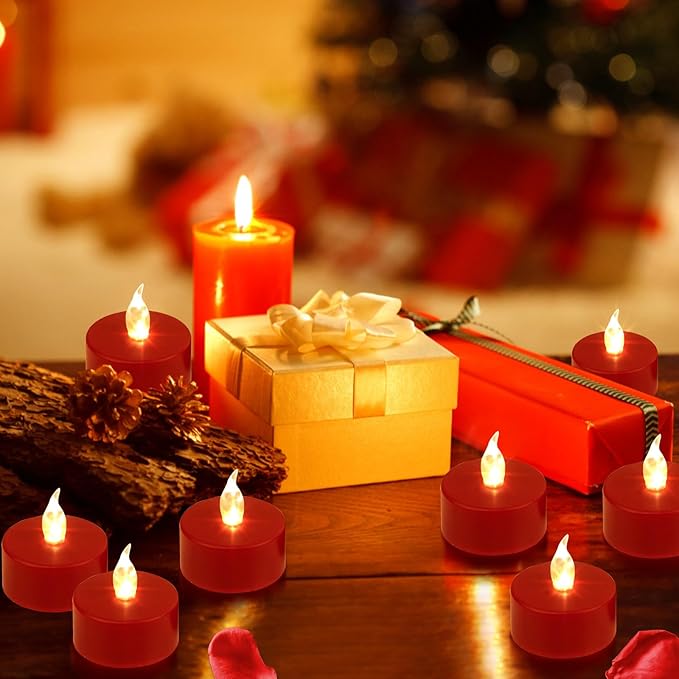 Nancia LED Tea Lights Candles- 24PACK Red Flameless Candles Realistic and Bright Flickering Long Lasting 200Hours for Holiday Celebration,Home Decoration