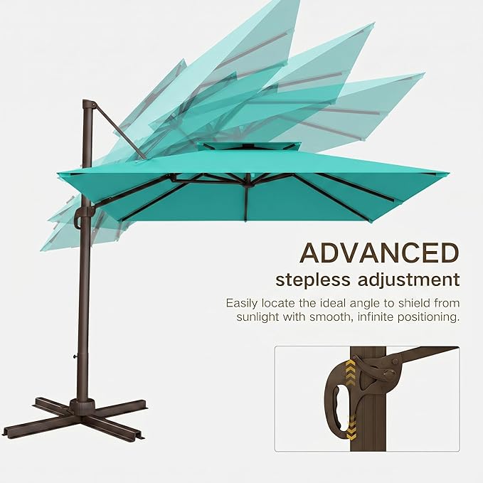 Kingdura Cantilever Patio Umbrella with Double Top Vent, Large Square Aluminum Outdoor Offset Umbrella with 360-degree Rotation, Infinite Tilt, UV Protection for Pool Deck Garden Patio
