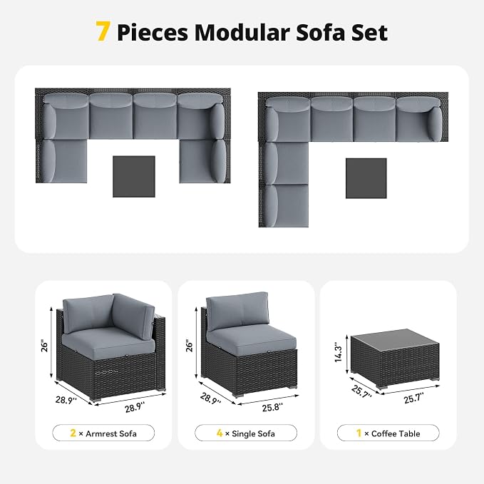 Aoxun Patio Furniture Set with Umbrella, 8 Piece Outdoor Sectional Sofas, Wicker Rattan Outdoor Furniture with Thickened Cushion for Backyard, Garden Light Grey