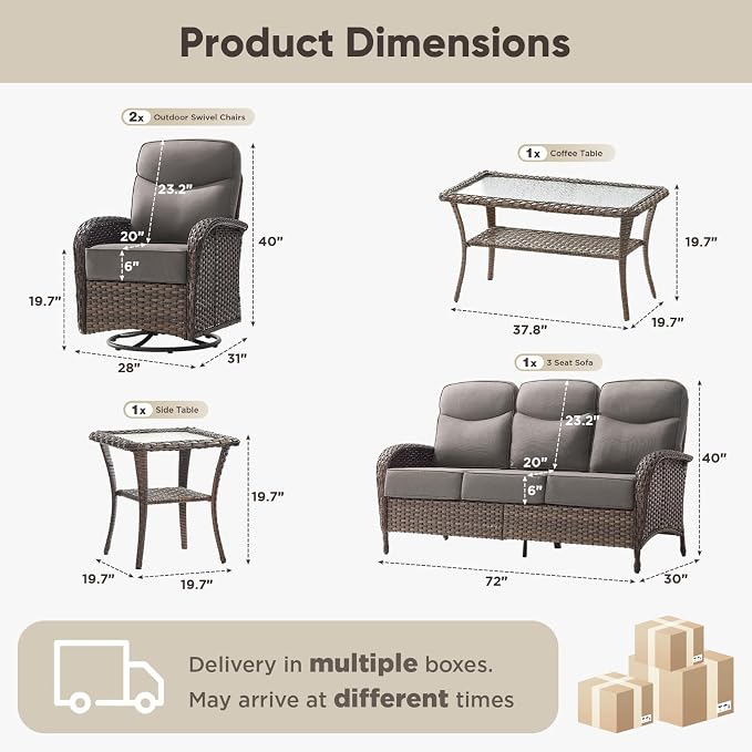 HUMMUH 5-Piece Patio Furniture Set with 6" Thick Cushion High Back Outdoor Swivel Rocker Chairs,3-Seater Sofa,Coffee Table & Ottomans,Wicker Outdoor Conversation Set for Deck, Porch,Poolside