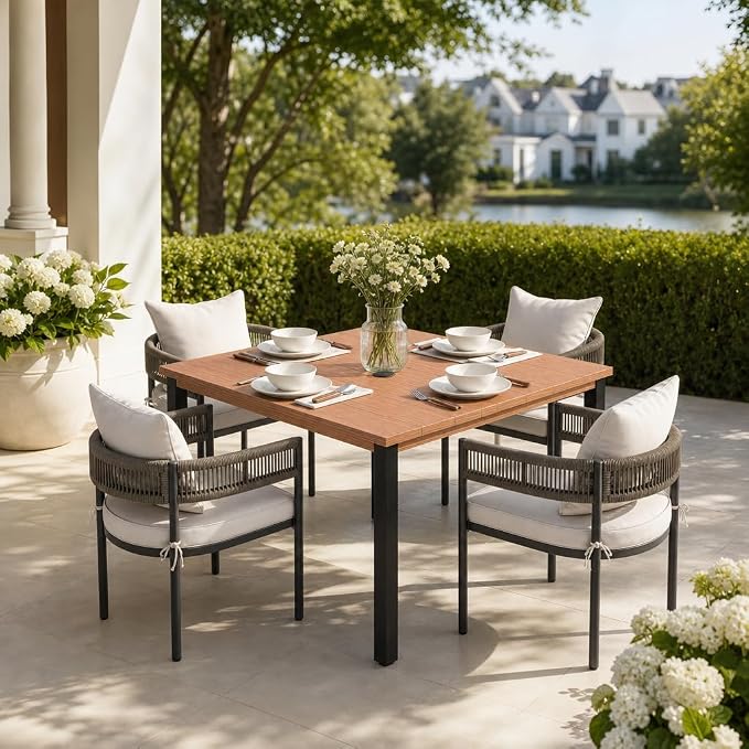 VICLLAX Patio Dining Set, 40.2" Walnut Table & 4 Chairs with Wheat Cushion | Outdoor Table and Chairs Set of Square Metal Patio Table, Outdoor Dining Chairs with Metal Frame, Garden Deck Porch