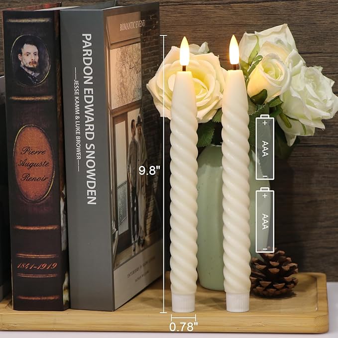 Flameless Taper Candles Real Wax Flickering with Remote Timer, Pastel Ivory 3D Wick LED Spiral Candles Battery Operated 6 Pack 9.8 inch, Wedding Birthday Home Party Holiday Dinner Decor