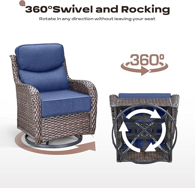Rilyson Outdoor Patio Furniture Set - Weather Resistant Wicker,High Back,6 inch Cushions,4 Piece Patio Furniture Set with Swivel Rocker Chairs and Ottomans for Deck Porch Yard,Brown/Blue