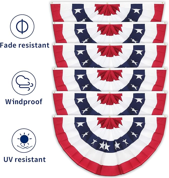 GOAUS 3x6 Ft American Bunting Flags with Grommets&Zip Ties, 4th July 250 Anniversary Decorations Outdoor USA Patriotic Pleated Fan Banners, Red White and Blue Decor for Memorial (Set of 6)
