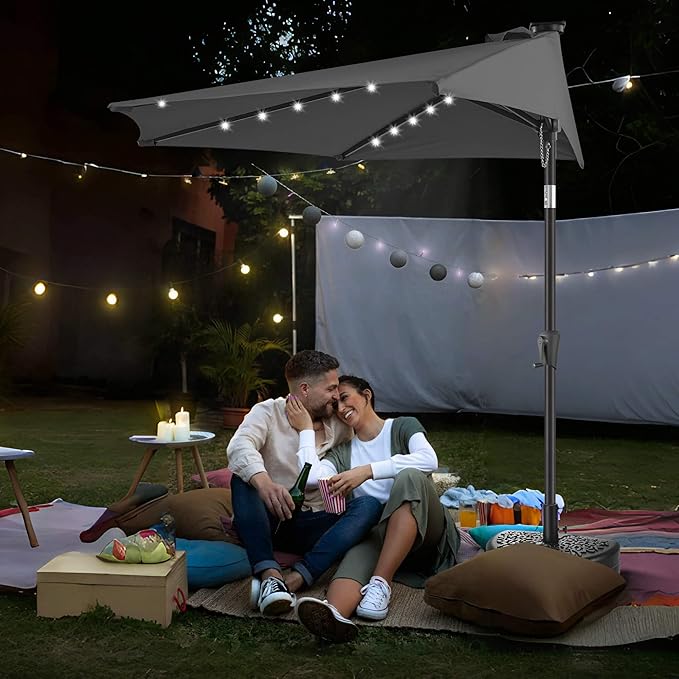 9FT Solar Half Umbrellas Outdoor - LED Half Patio Umbrella with 25 Lights, UV Protection Waterprool, Half Round Umbrella for Wall Balcony, Pool, Porch, Garden, Deck, Backyard, Anthracite