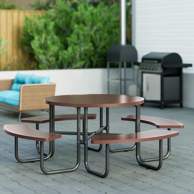 Coated Steel Heavy Duty Picnic Table for Outdoors 3200 lbs Load, Round Camping Table with 1.78" Umbrella Hole, Commercial Picnic Table with Benches, Brown