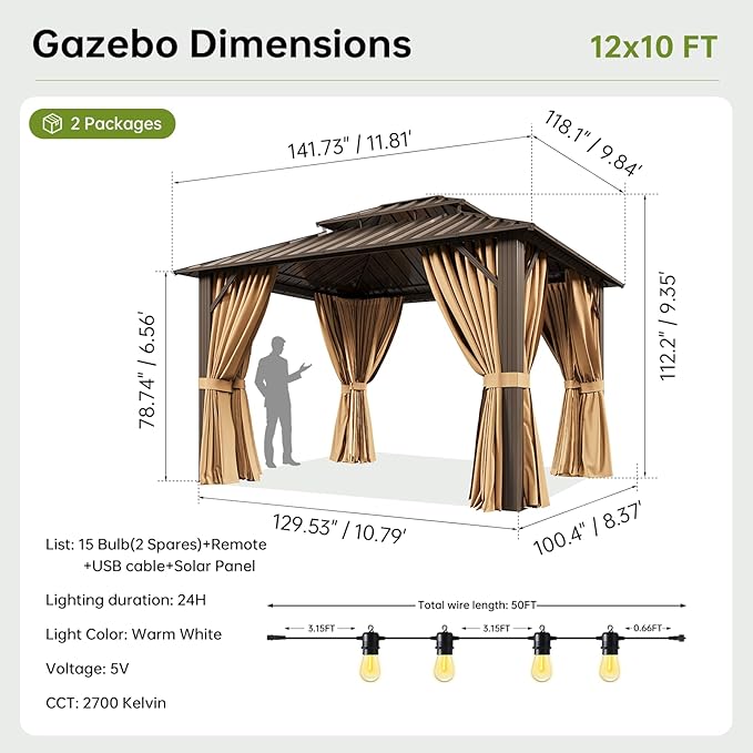 10x12FT Hardtop Gazebo with 50FT Solar String Lights, Metal Frame with Double Galvanized Steel Roof, Permanent Outdoor Pergola for Backyard, Patio, Lawn and Garden, Brown