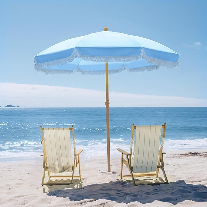 PHI VILLA 7ft Fringe Beach Umbrella with Sand Anchor, Outdoor Patio Portable Beach Umbrella for Sand with Tassels, Push Button Tilt & Carrying Bag, UPF 50+, Light Blue