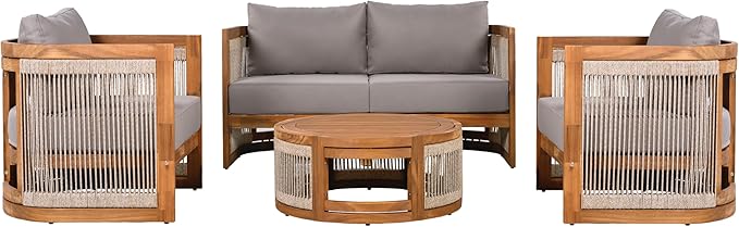 Christopher Knight Home Nesbit 4 Pieces Conversation Set, Acacia Wood Chat Set, Woven Rope Loveseat and Accent Chairs, Slat Panel Coffee Table, Patio Furniture Set for Backyard Balcony Garden, Gray