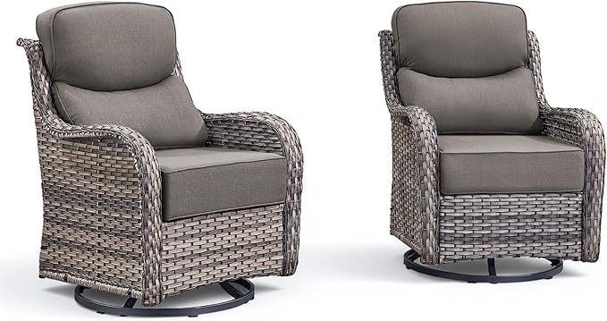 Luxury Wicker Patio Furniture Set-High Back Outdoor Swivel Chairs Set of 2 with 6" Thick Cushions Wide Armrest All Weather Patio Conversation Sets for Deck Porch Balcony(Grey/Grey)