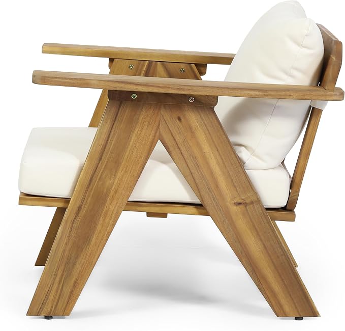 Christopher Knight Home Dina 5-Piece Patio Furniture Set For 8, Acacia Wood Outdoor Conversation Set with Coffee Table, Outdoor 3-Seater Sofas And Club Chairs Set With Cushions for Backyard,Teak+Beige