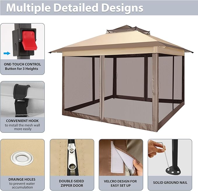 COBIZI Pop Up Gazebo 11x11 One-Push Canopy Tent, Carpas para Patio, Outdoor Canopy Shelter with Double Roof Ventiation 121 Square Feet of Shade for Lawn, Garden, Backyard and Deck,Brown(Upgraded 2.0)