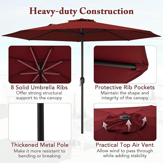 12FT Patio Umbrella, Outdoor Table Umbrella with Crank Handle, 8 Sturdy Ribs, Sun-protection & Waterproof Canopy, Top Air Vent, Market Umbrella for Garden, Lawn, Deck, Backyard, Poolside