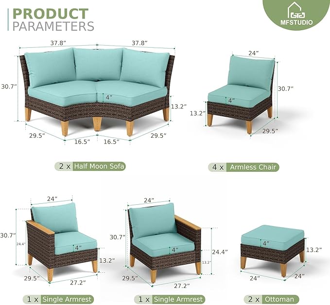 MFSTUDIO 10 Pieces Extra Large Wicker Patio Furniture Set, Outdoor Rattan Half-Moon Patio Sectional Sofa Set, 4 x Curved Sofa, 2 x Armless Chair, 2 x Ottoman, 2 x Corner Couch(Aqua Blue Cushions)