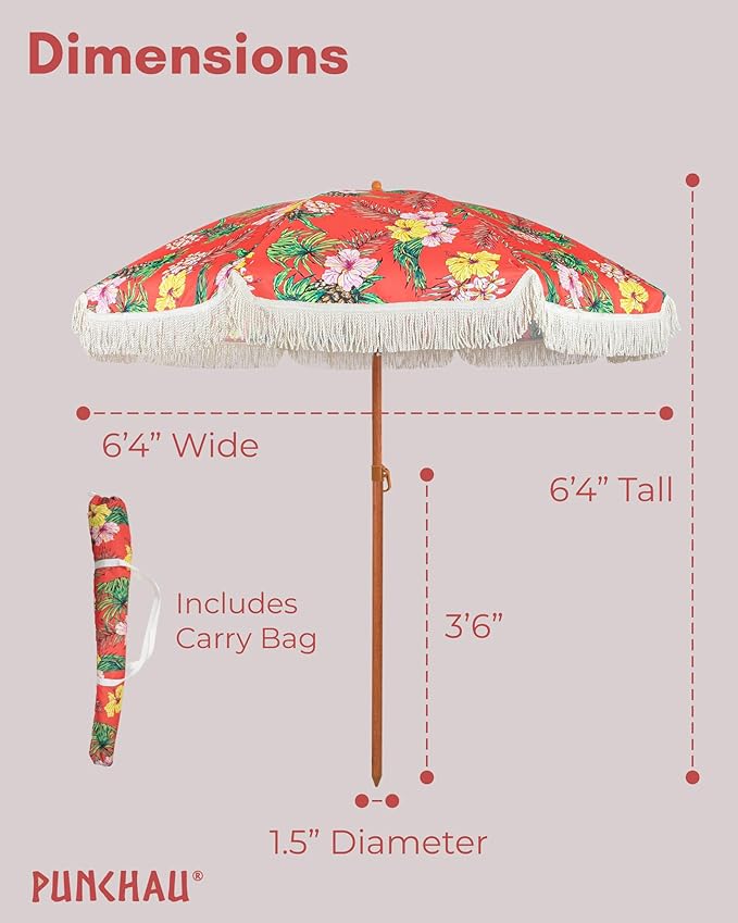 6 Ft Fringe Patio Umbrella - Outdoor Umbrella for Patio, Pool, Table, Garden, Deck, Beach, and Outdoors - Fashionable Boho Vintage Tassels & Wood Print - Push Button Tilt Pole